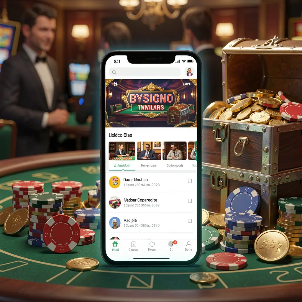 Glowing smartphone displaying PCSO2 Casino APK app interface with treasure chest, chips, and coins nearby in a luxury 3D render