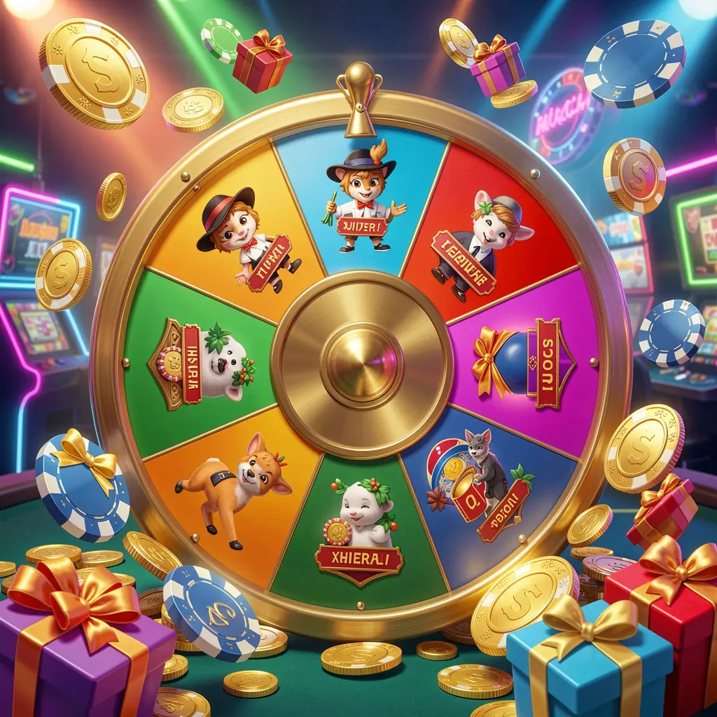 PCSO2 casino bonus wheel with colorful prize sections surrounded by golden coins, chips, and gift boxes under bright neon casino lights