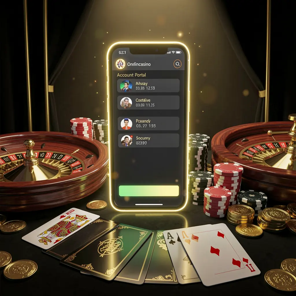 PCSO2 online casino account portal visual featuring a glowing smartphone, premium cards, chips, roulette wheel, and coins against a black and gold background with cinematic lighting in a realistic 3D render