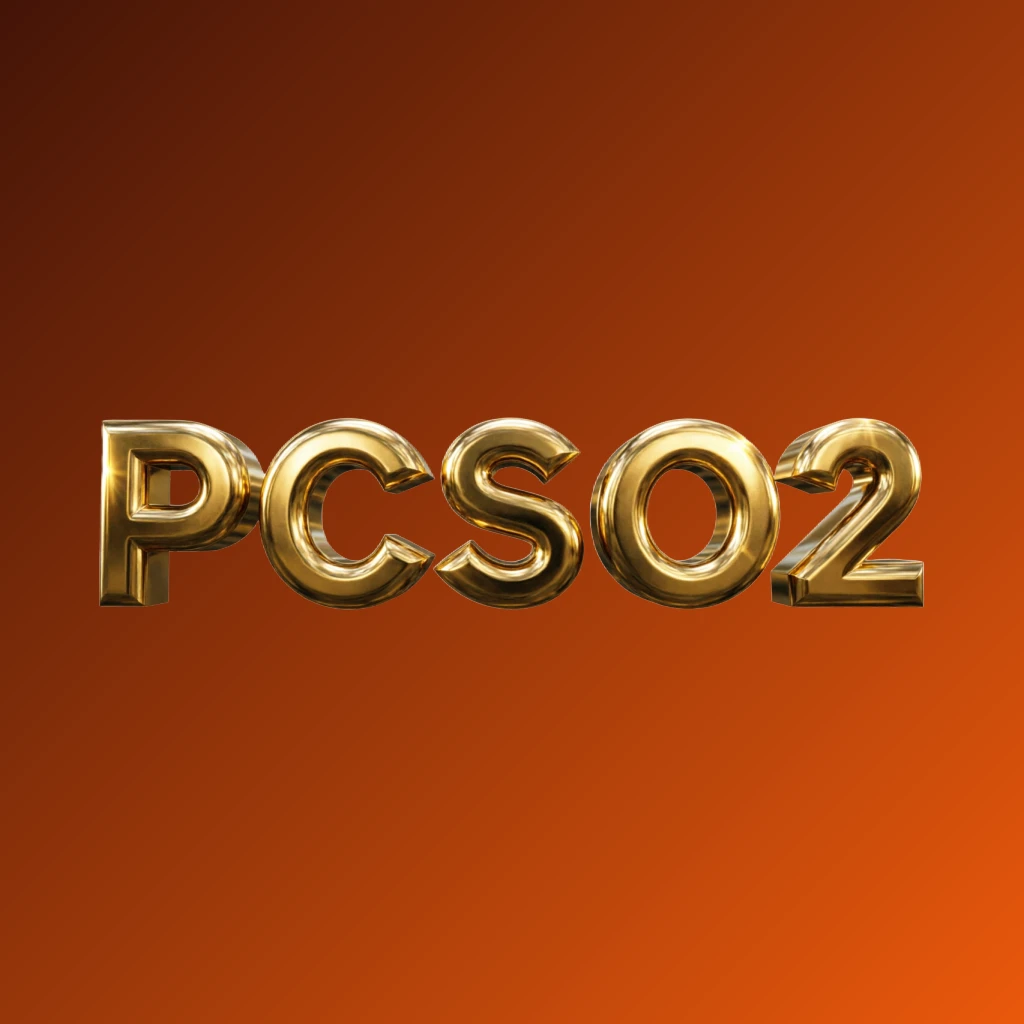 3D metallic PCSO2 logo with glossy gold letters and dramatic lighting, premium casino branding on a transparent background, designed as a horizontal rectangular wordmark logo for a website header