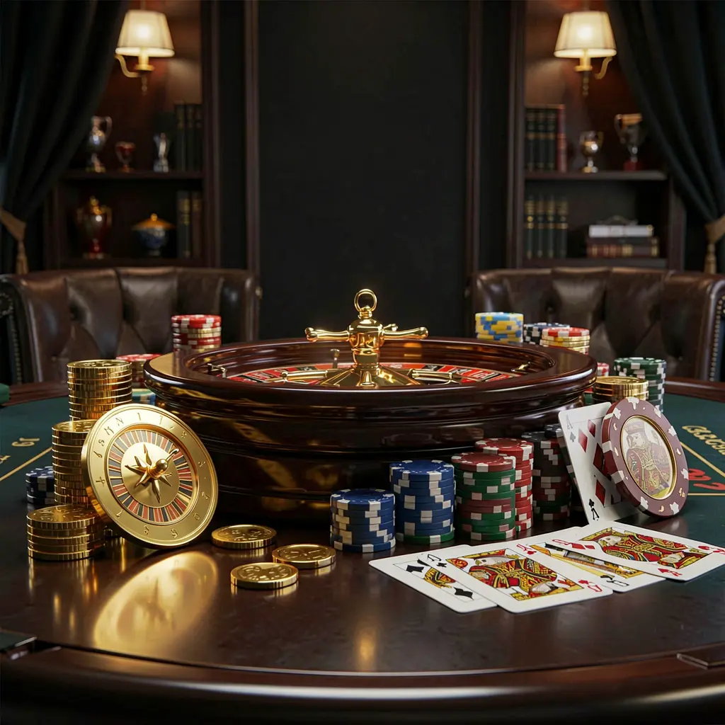 Premium online casino scene by PCSO2 featuring golden coins, glowing chips, a roulette wheel, and playing cards on a glossy table with an elegant dark background in a high detail realistic 3D render